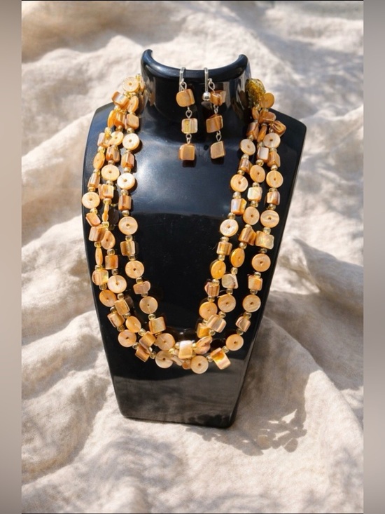 Mother of Pearl Jewelry - Boho Peach Mother of Pearl Shell Necklace Earring Set Multi Strand Layers Beachy